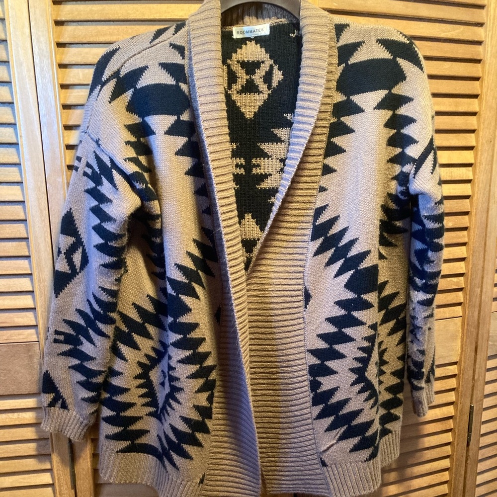 Roommates Camel and Black Aztec Shawl Collared Cardigan